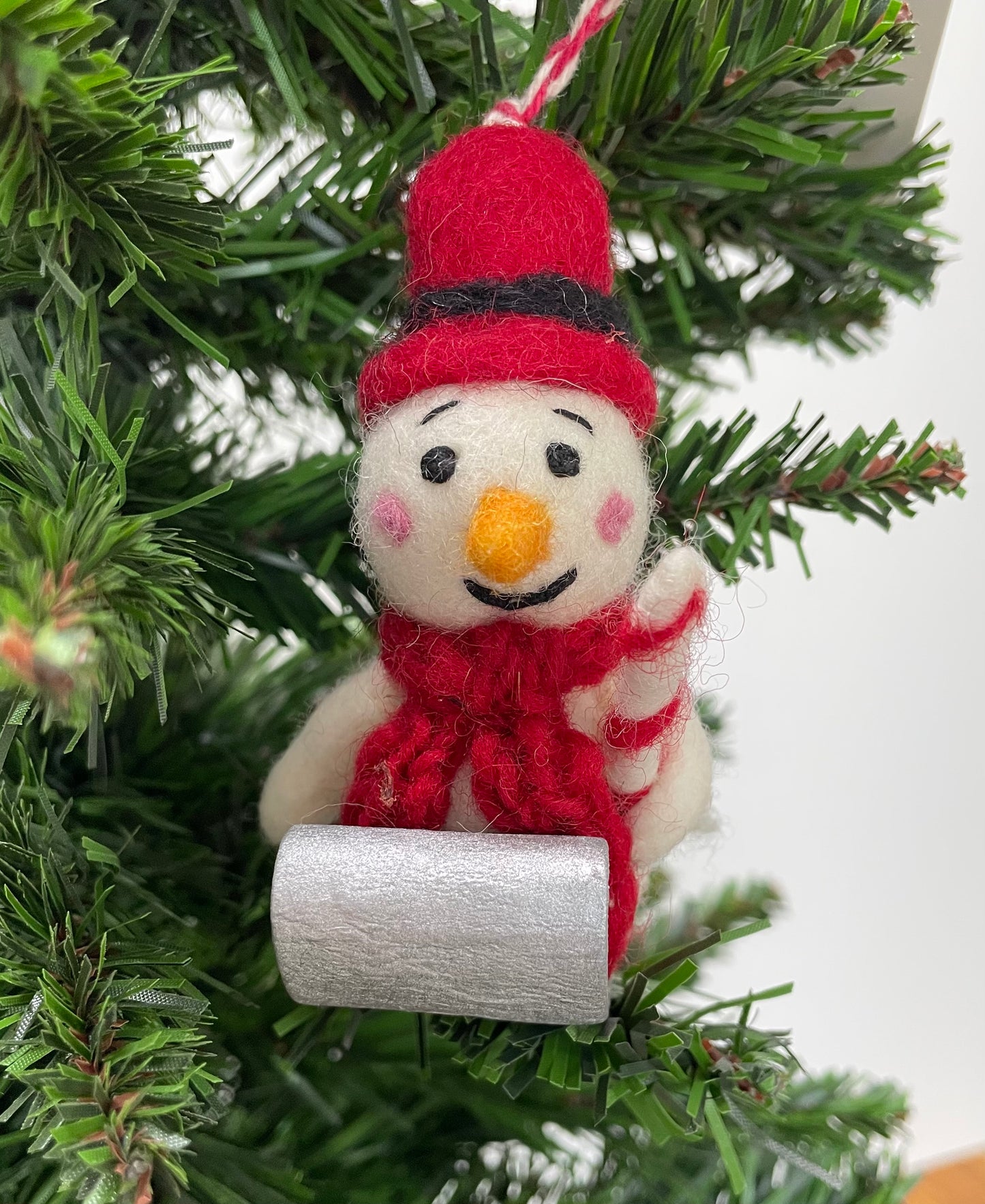 Snowman on sledge 100% wool felt Christmas decoration