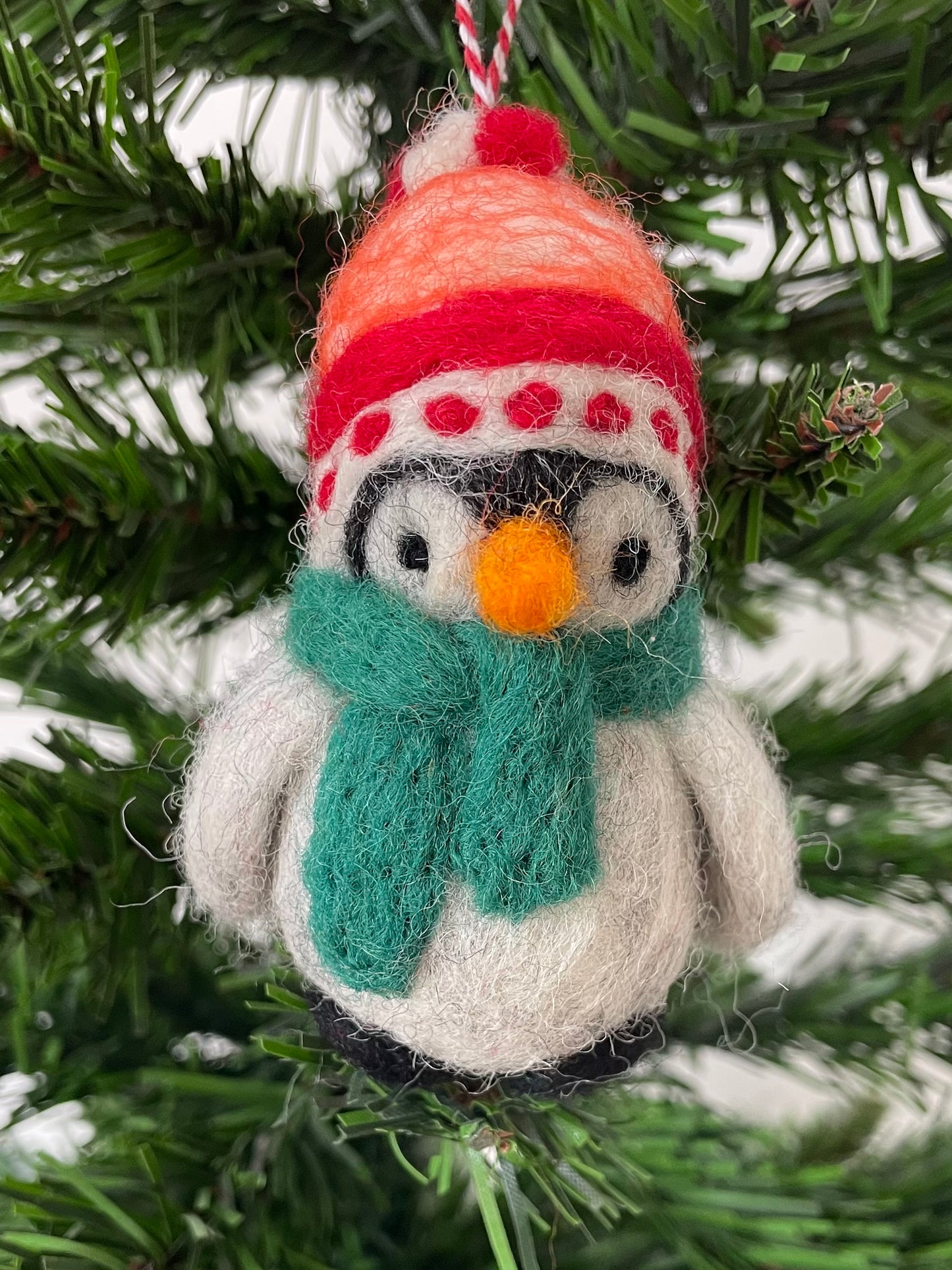 100% wool felt Penguin with cosy hat and scarf Christmas decoration