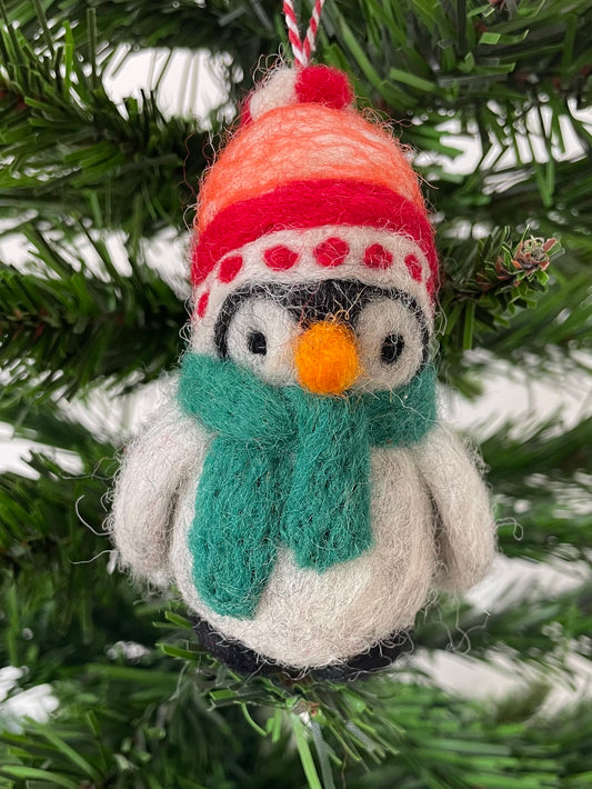 100% wool felt Penguin with cosy hat and scarf Christmas decoration