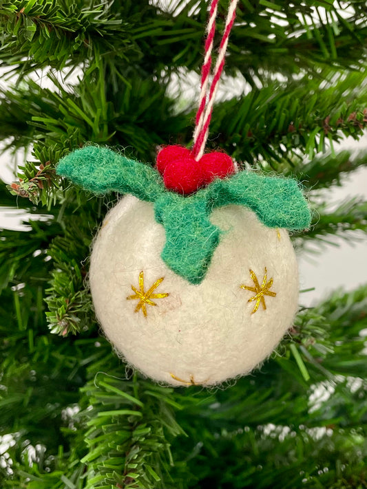 White Felt Christmas Pudding Bauble for Christmas tree