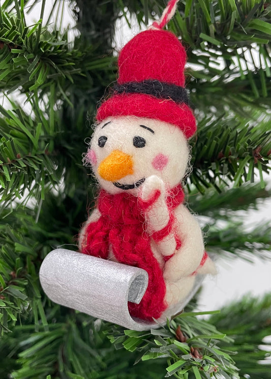 Snowman on sledge 100% wool felt Christmas decoration