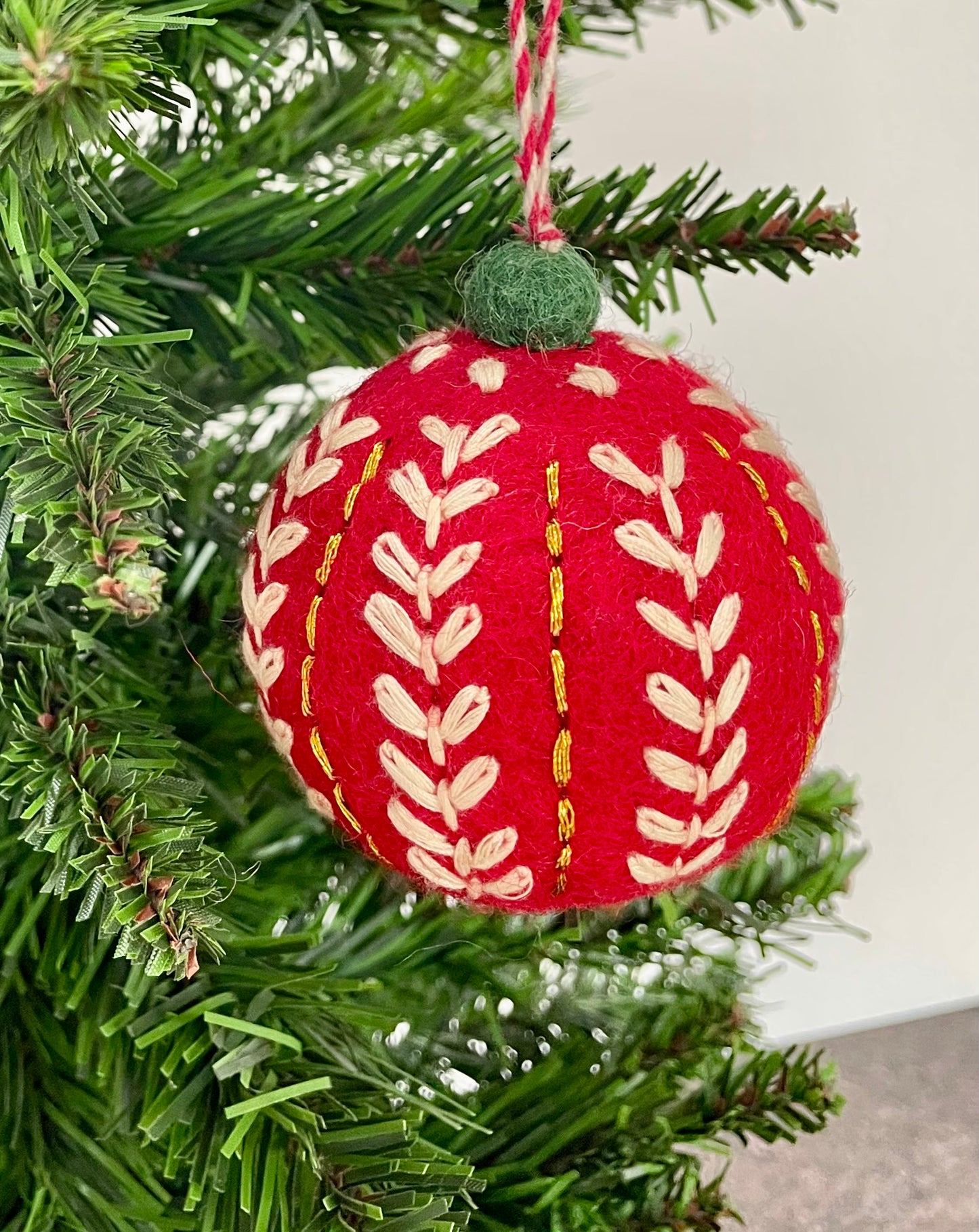 Red Hand embroidered Wool Felt Christmas Baubles