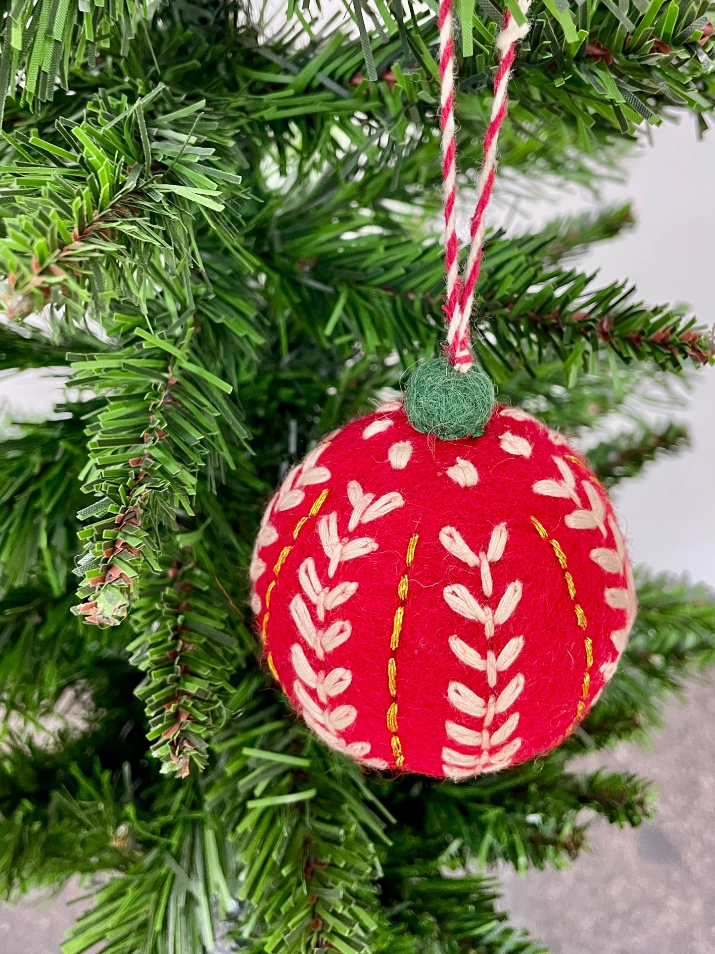 Red Hand embroidered Wool Felt Christmas Baubles