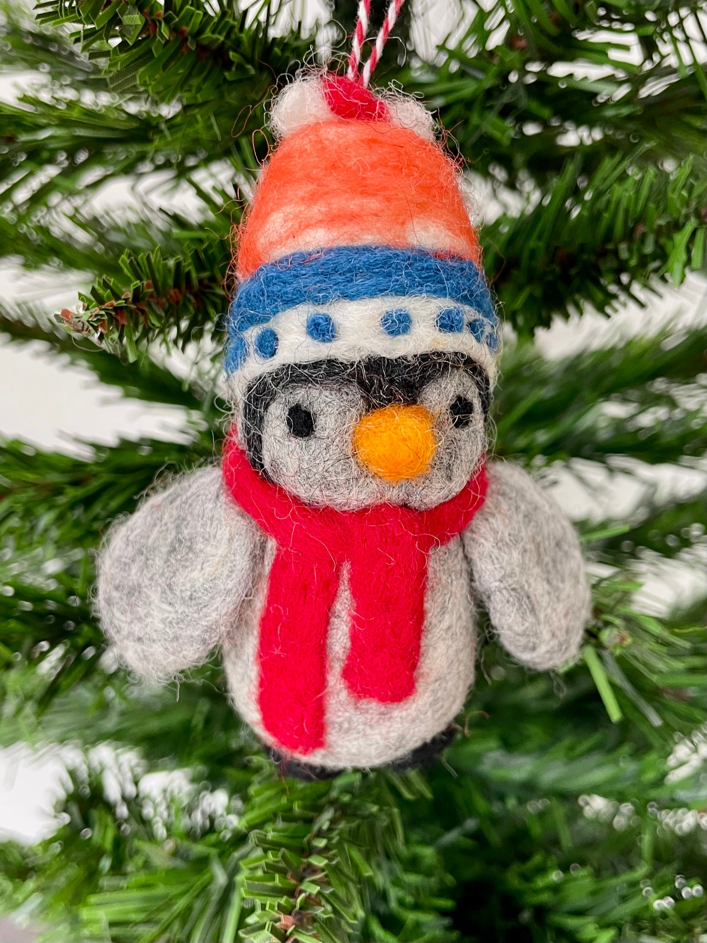 100% wool felt Penguin with cosy hat and scarf Christmas decoration