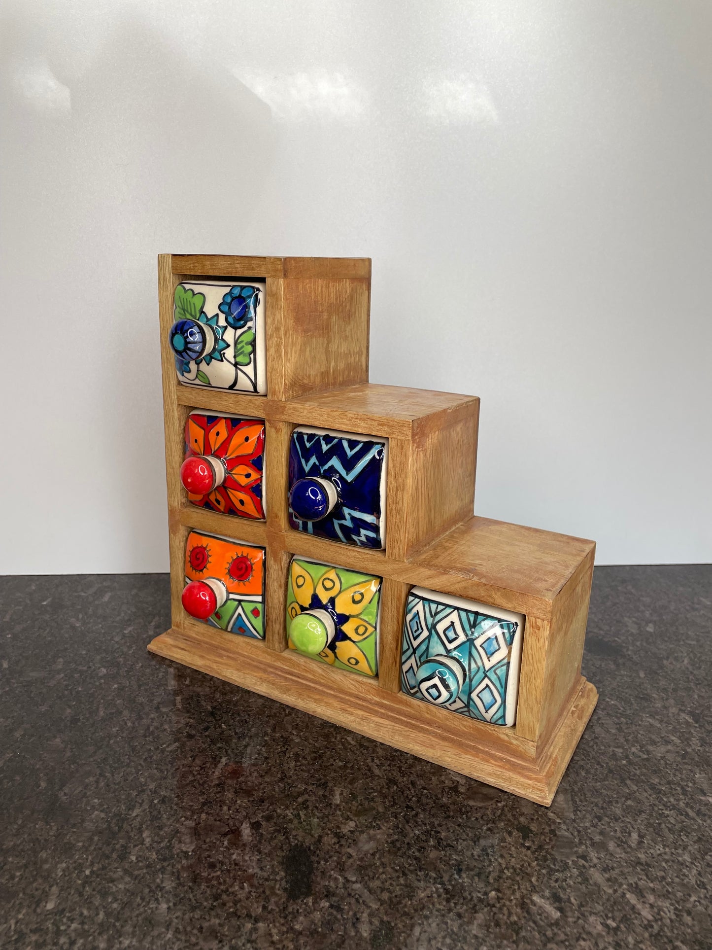 Artisan Colourful Wooden Mini Chest with 6 ceramic drawers - Faire Trade