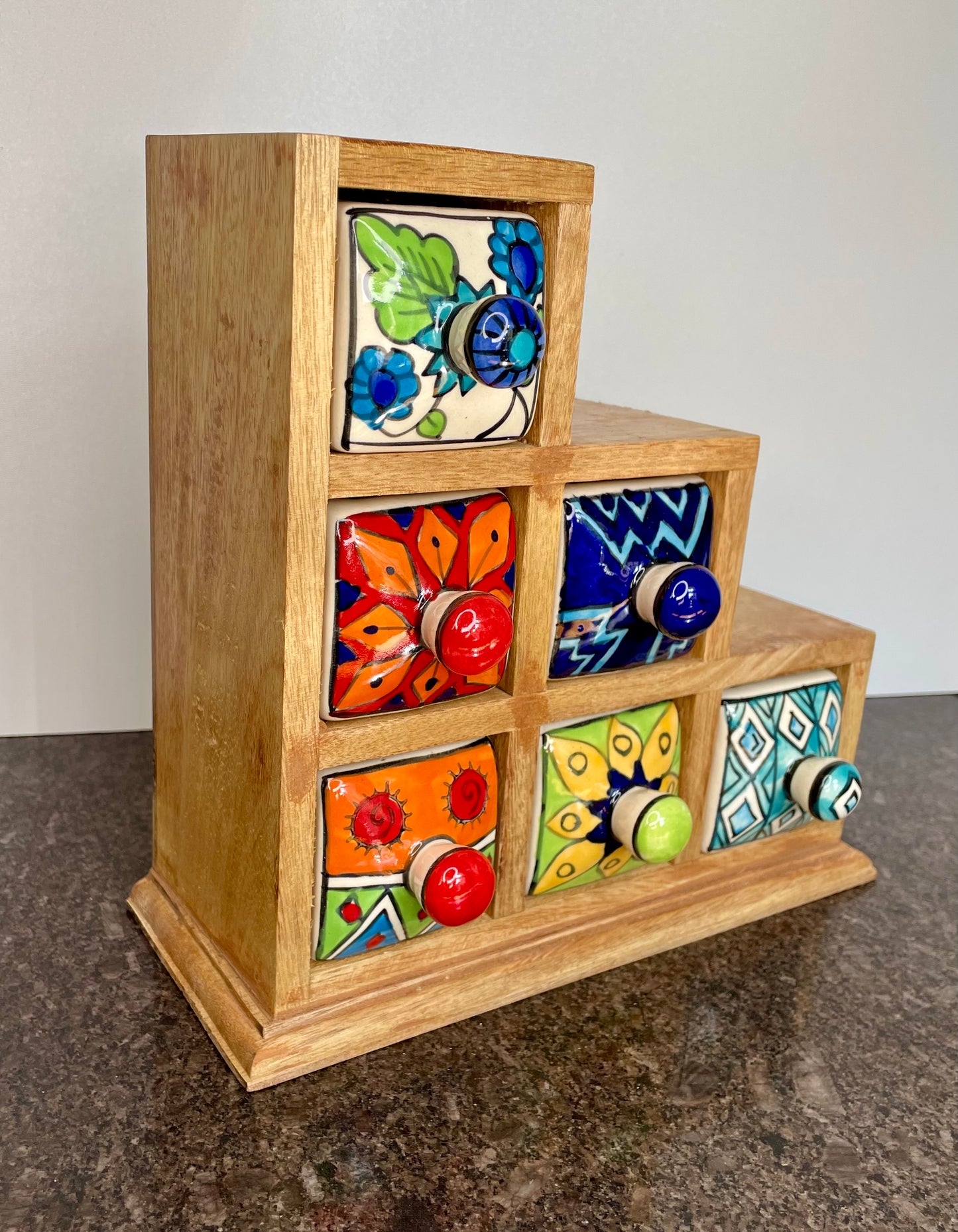 Artisan Colourful Wooden Mini Chest with 6 ceramic drawers - Faire Trade