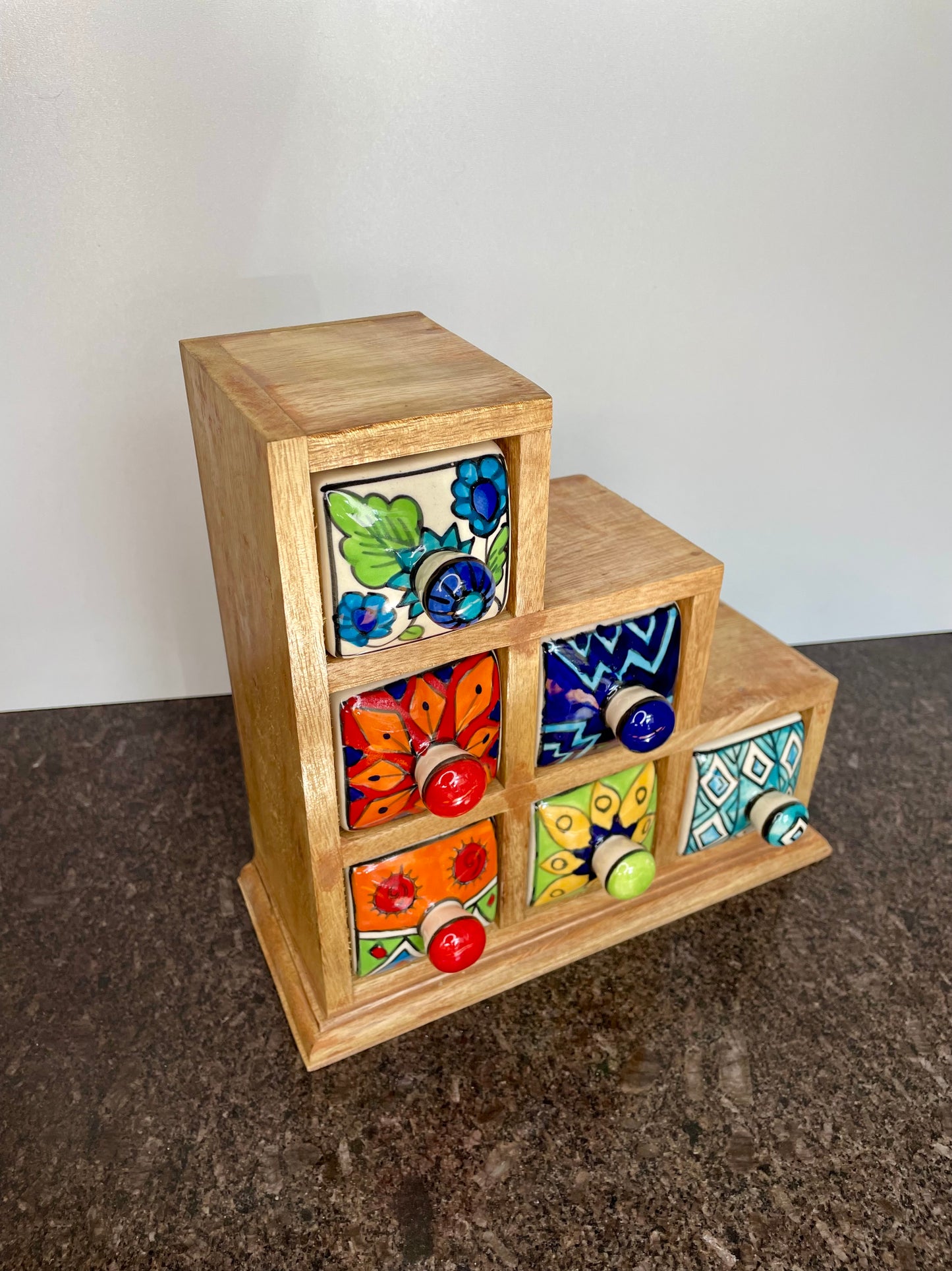 Artisan Colourful Wooden Mini Chest with 6 ceramic drawers - Faire Trade