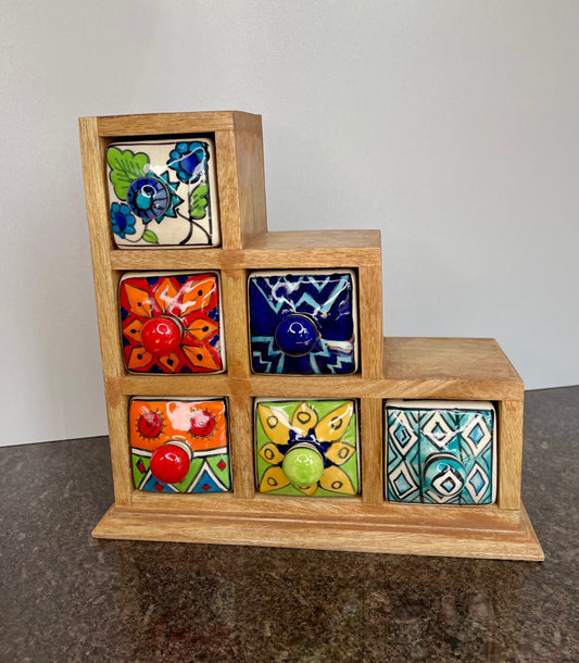 Artisan Colourful Wooden Mini Chest with 6 ceramic drawers - Faire Trade