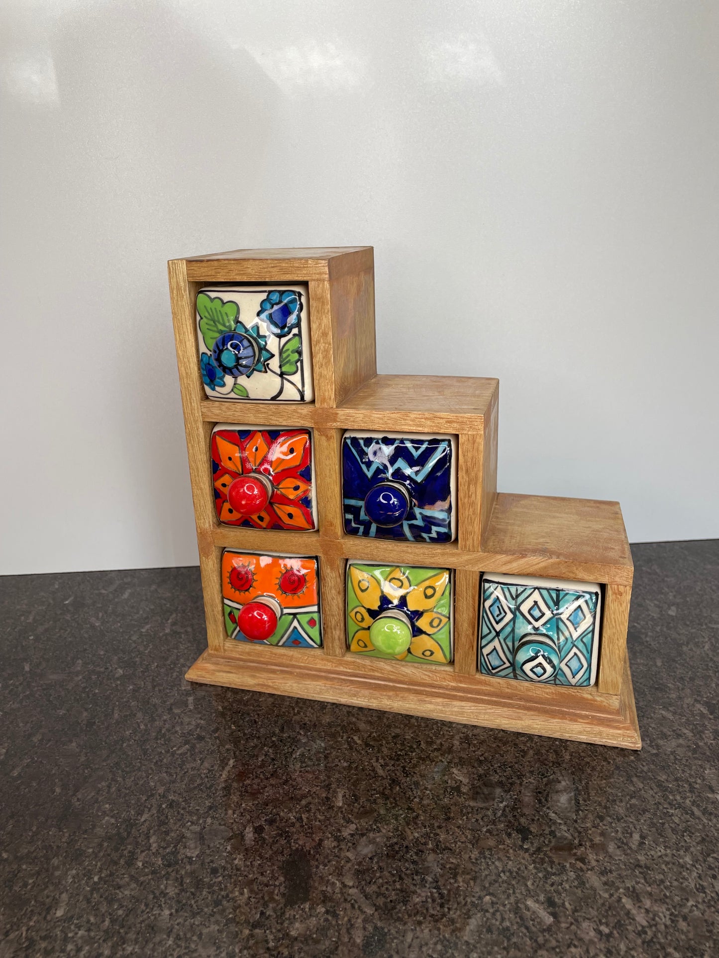 Artisan Colourful Wooden Mini Chest with 6 ceramic drawers - Faire Trade