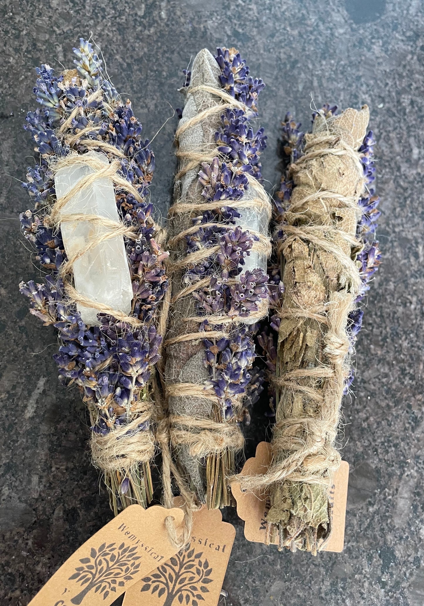 Sage Smudge Stick with lavender and clear quartz