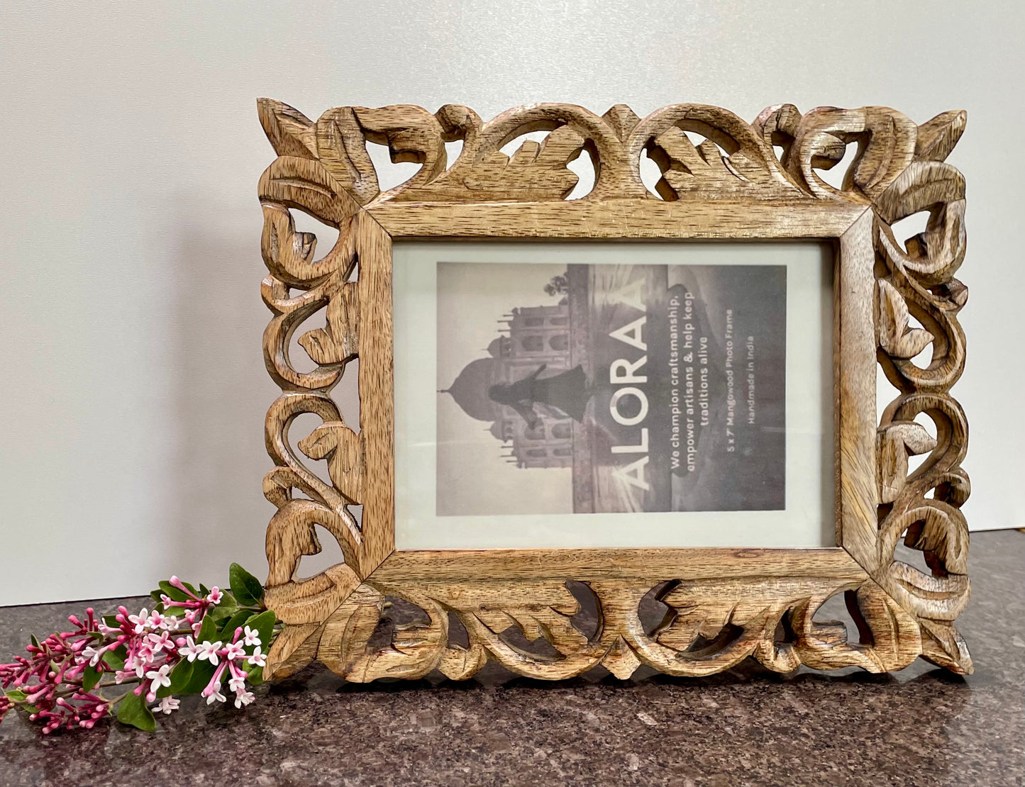 Hand Carved Mango Wood Photo Frame, 5 x 7 Inches