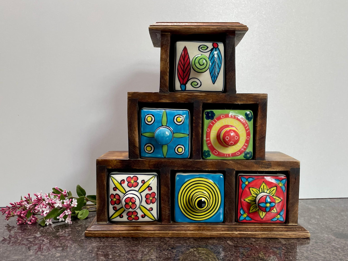 Fair Trade Hand Painted Multicoloured Ceramic 6 Drawer Pyramid Chest