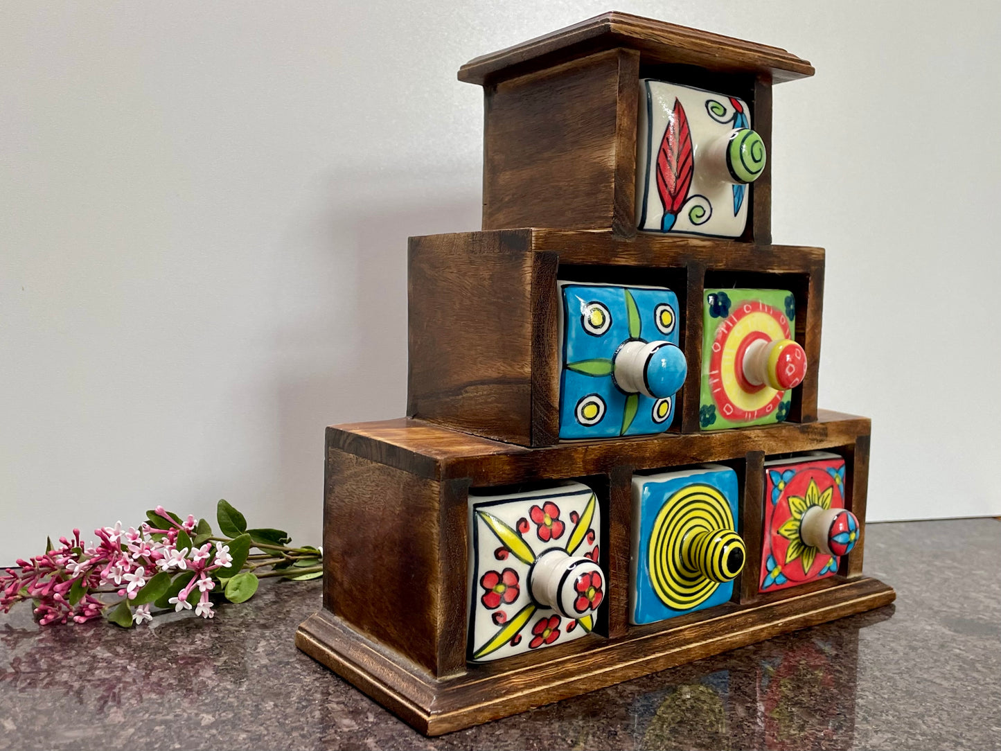 Fair Trade Hand Painted Multicoloured Ceramic 6 Drawer Pyramid Chest
