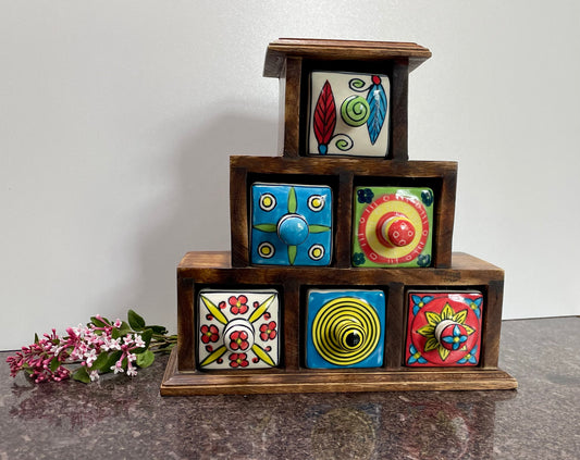 Fair Trade Hand Painted Multicoloured Ceramic 6 Drawer Pyramid Chest