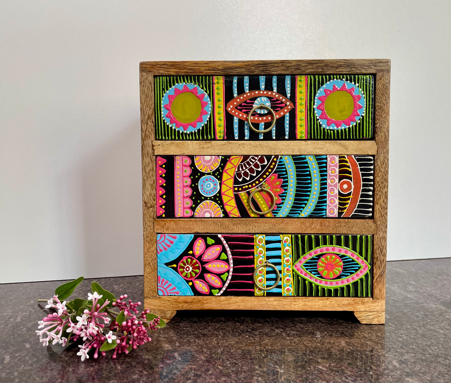 Sharifa African Hand Painted 3 Drawer Chest - Handmade Artisan Gifts