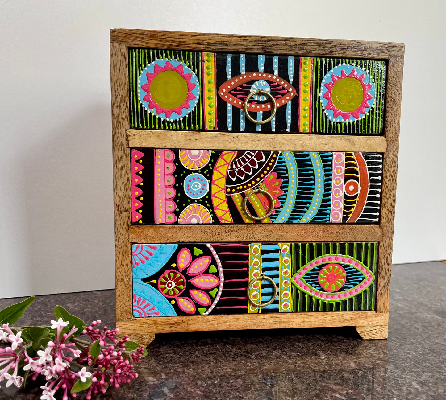 Sharifa African Hand Painted 3 Drawer Chest - Handmade Artisan Gifts