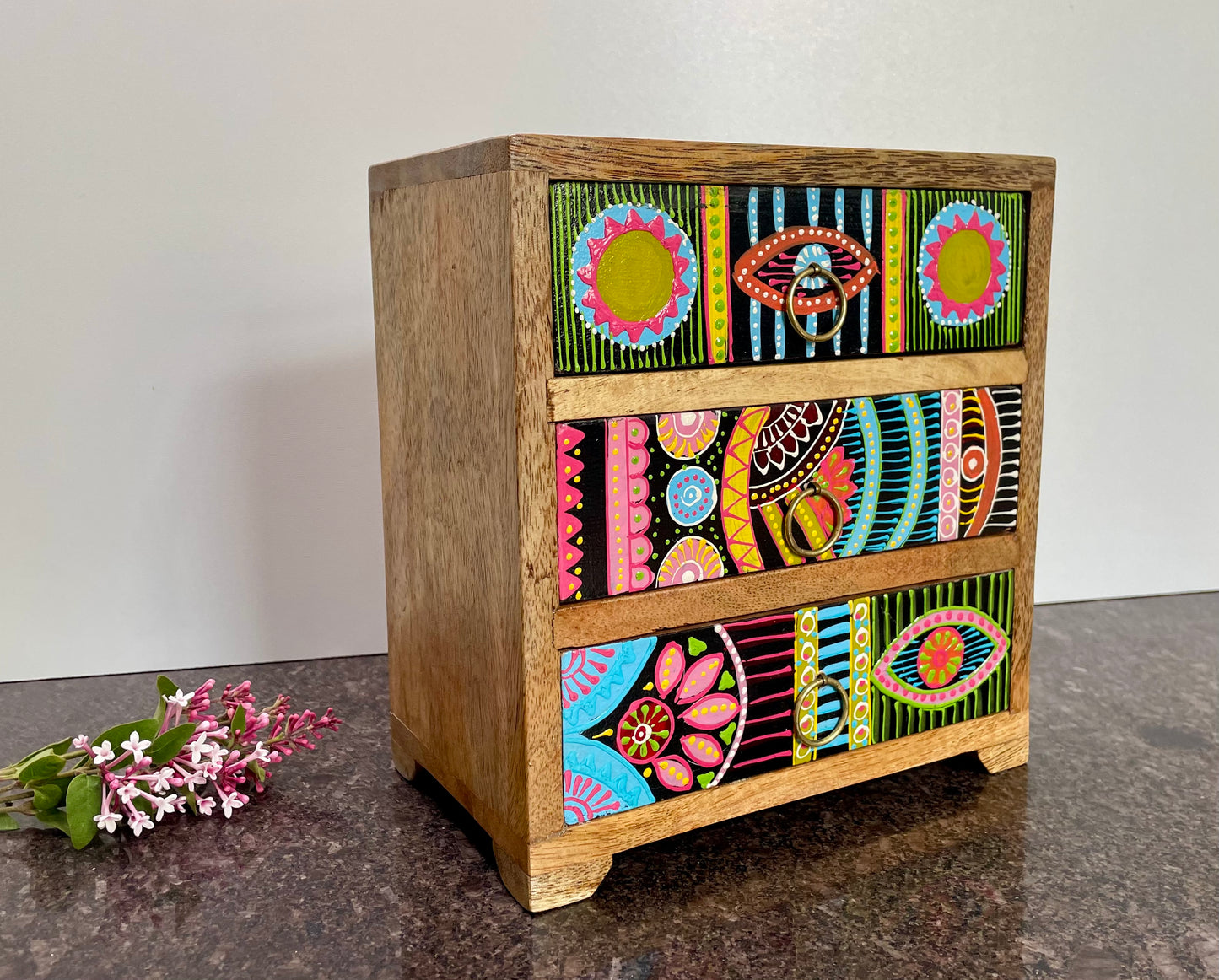 Sharifa African Hand Painted 3 Drawer Chest - Handmade Artisan Gifts