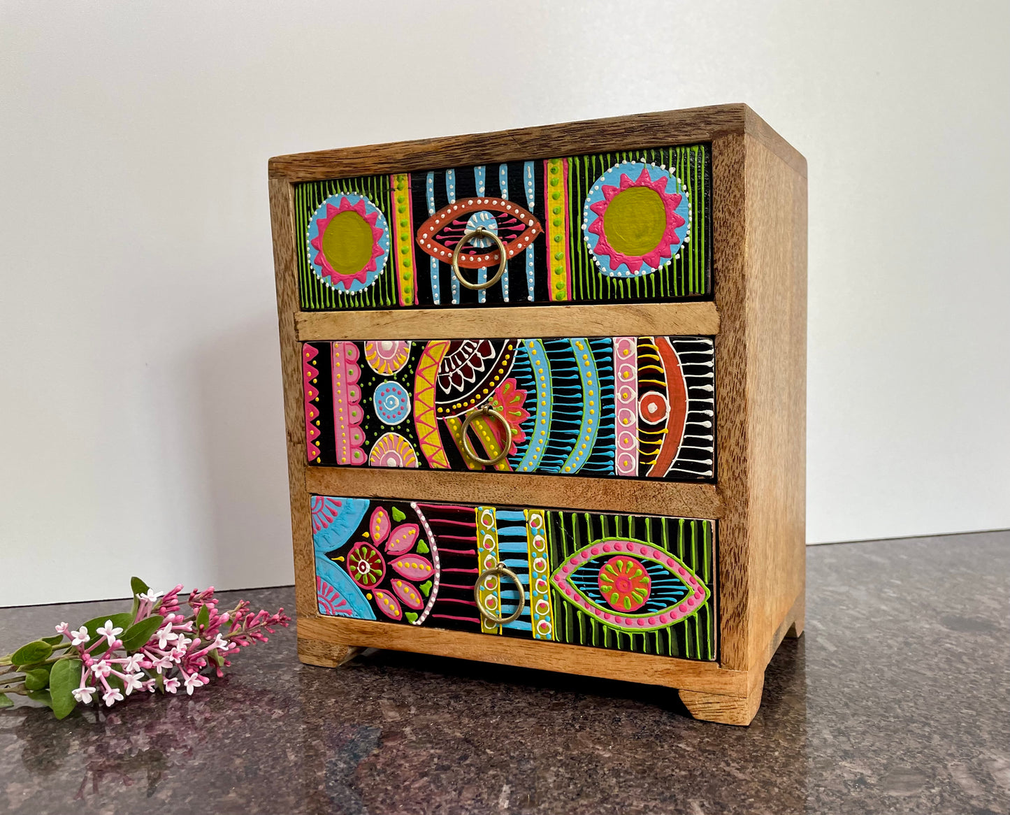 Sharifa African Hand Painted 3 Drawer Chest - Handmade Artisan Gifts