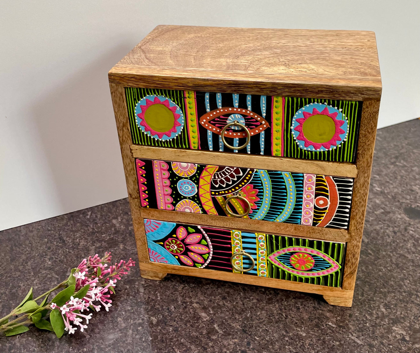 Sharifa African Hand Painted 3 Drawer Chest - Handmade Artisan Gifts