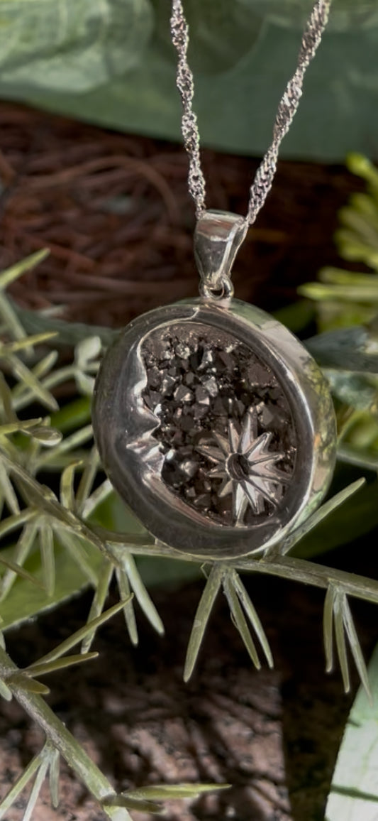 Silver Aura Amethyst Moon & Star Pendant (925 Silver) - Spiritual healing