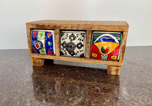 Artisan Wooden Mini Chest with 3 colourful ceramic drawers - Fair Trade