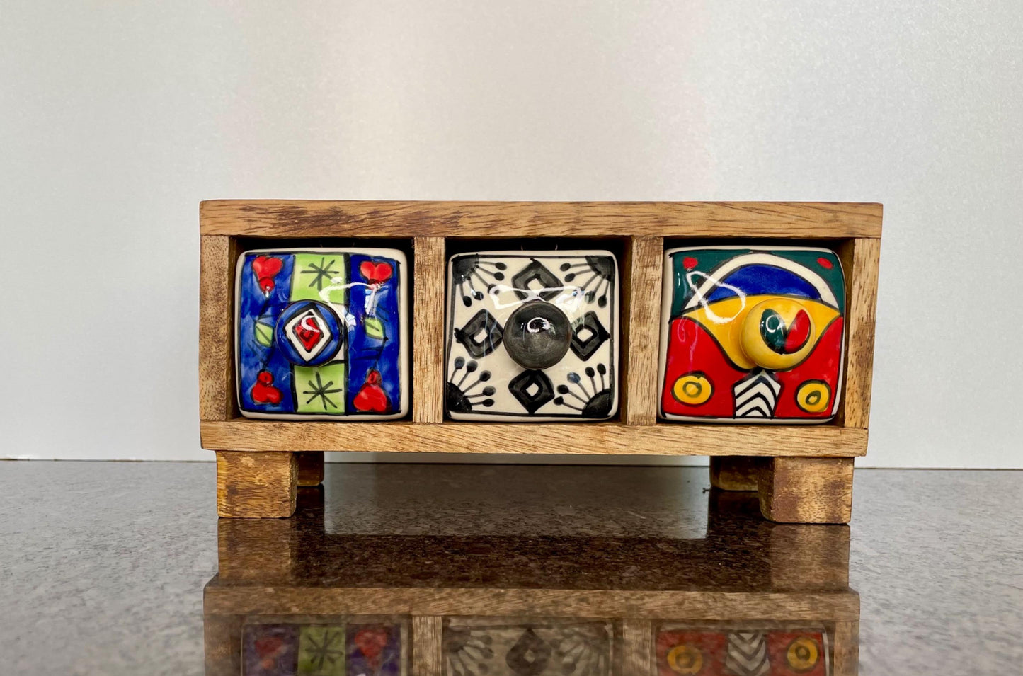 Artisan Wooden Mini Chest with 3 colourful ceramic drawers - Fair Trade