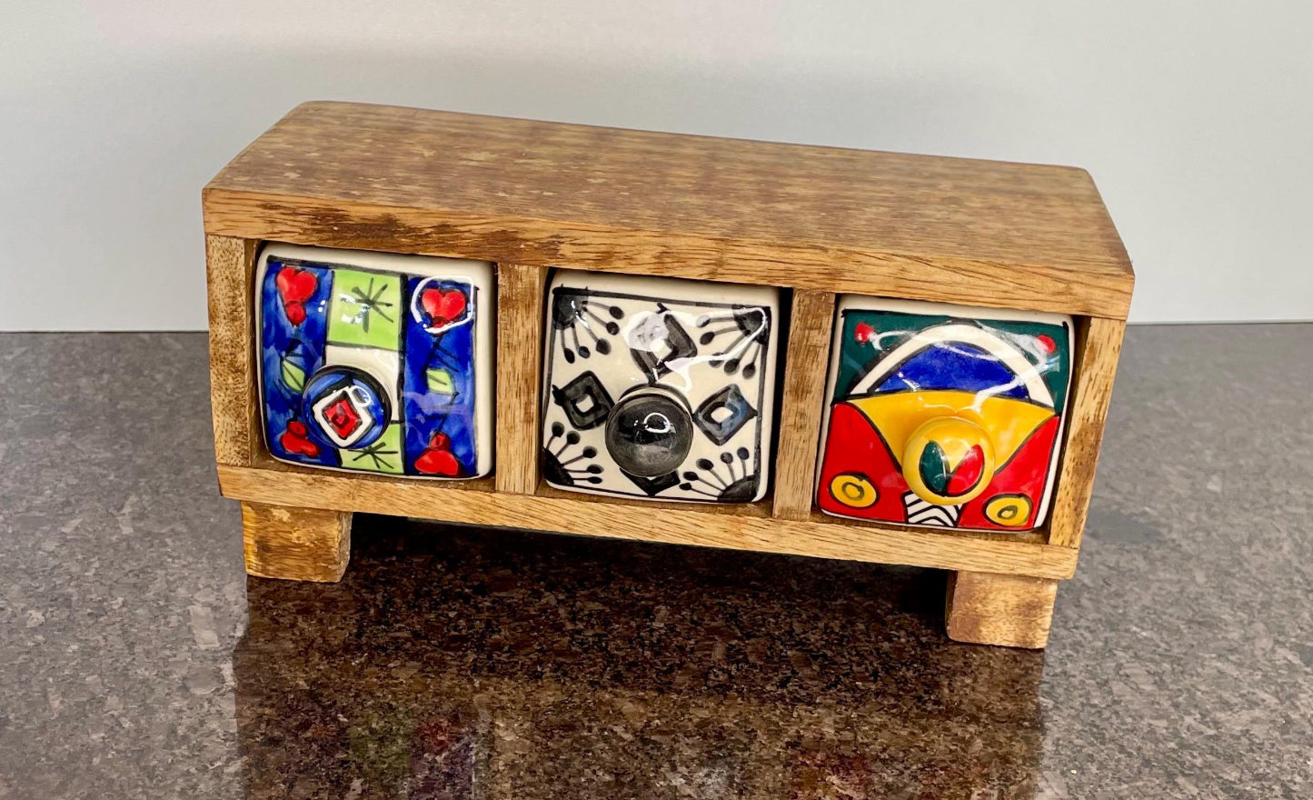 Artisan Wooden Mini Chest with 3 colourful ceramic drawers - Fair Trade