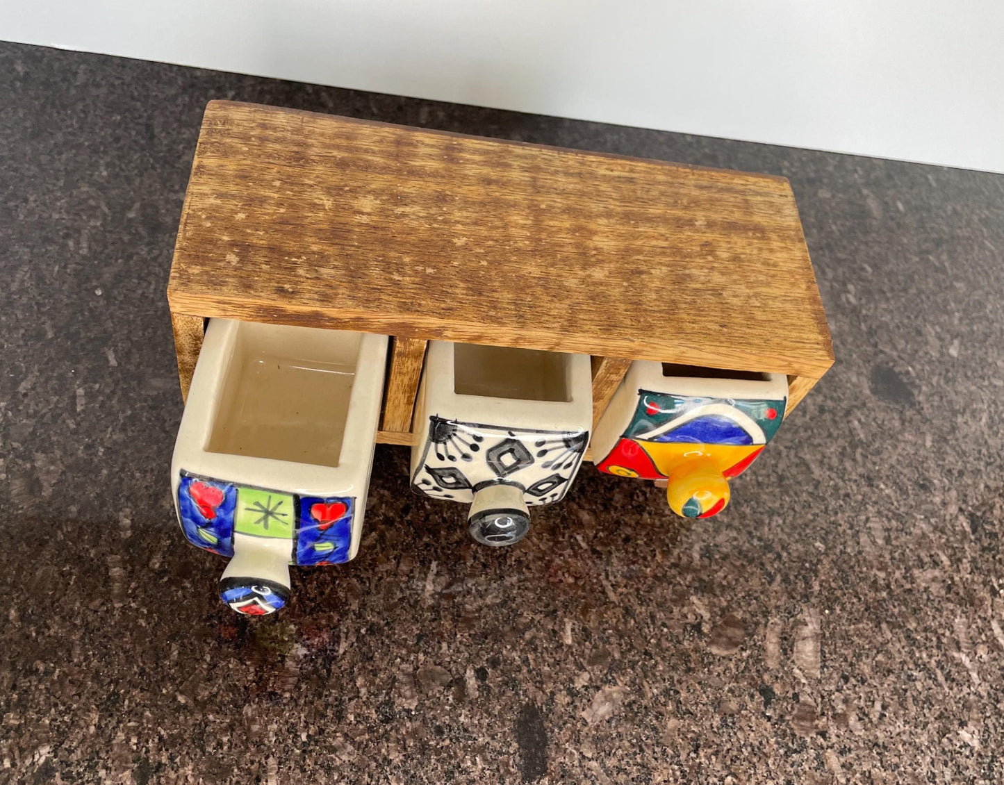 Artisan Wooden Mini Chest with 3 colourful ceramic drawers - Fair Trade
