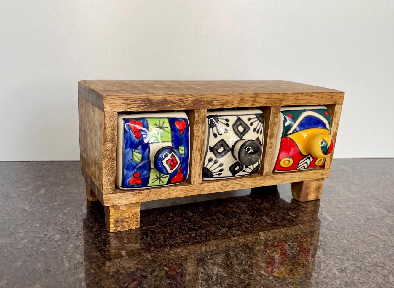 Artisan Wooden Mini Chest with 3 colourful ceramic drawers - Fair Trade