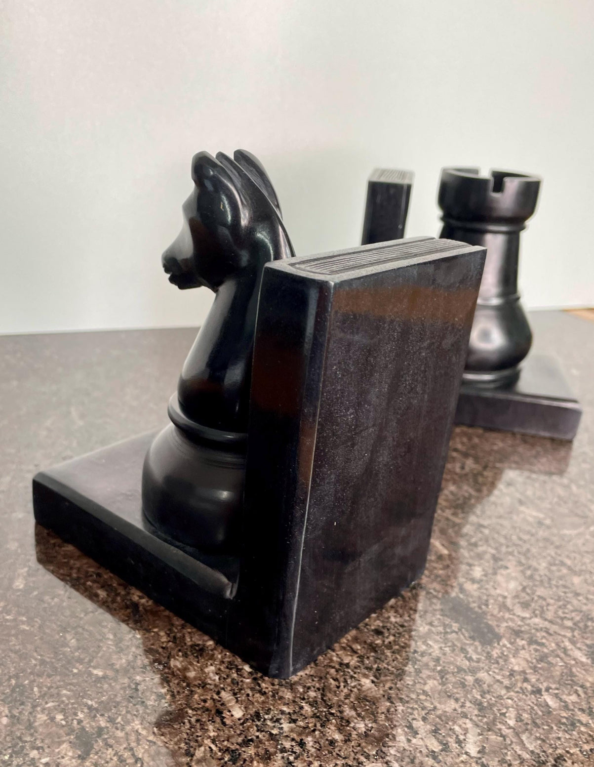 Artisan Palewa Stone Chess Bookends with Carved Chess Pieces , Knight & Rook.