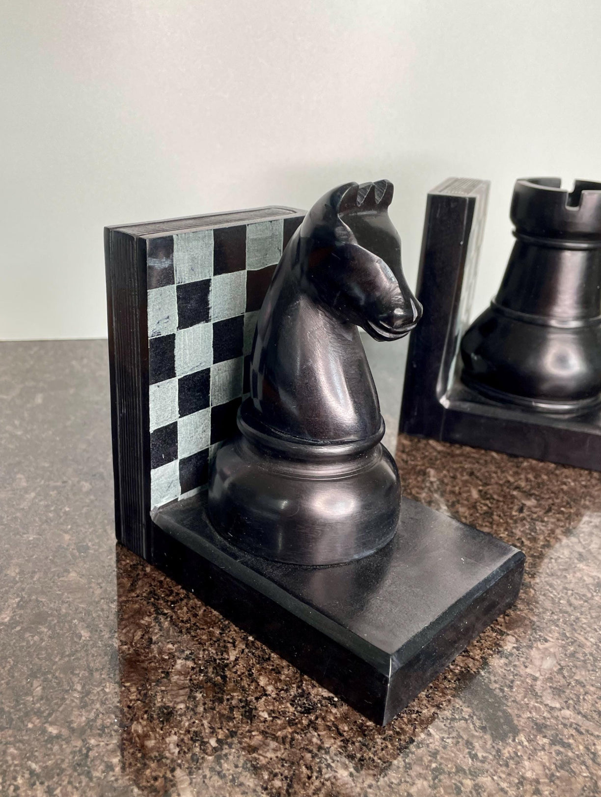 Artisan Palewa Stone Chess Bookends with Carved Chess Pieces , Knight & Rook.