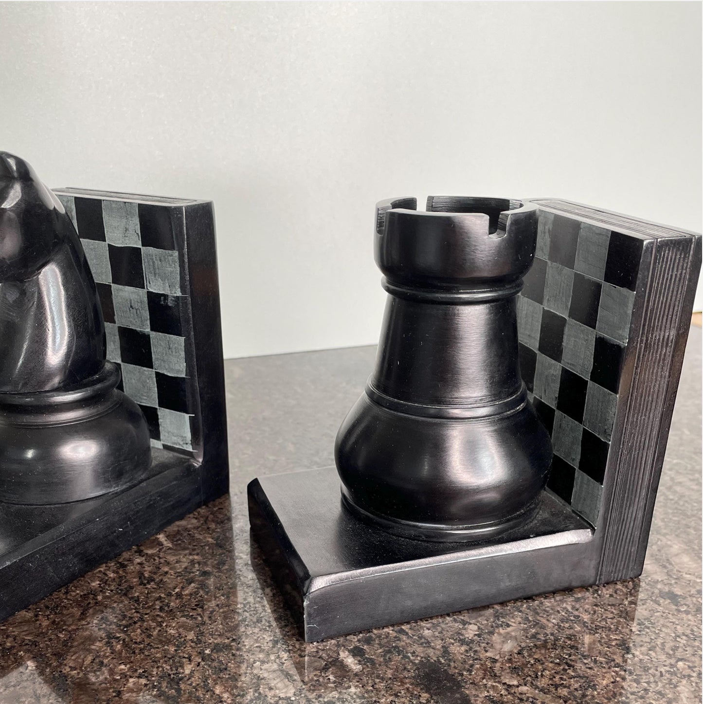 Artisan Palewa Stone Chess Bookends with Carved Chess Pieces , Knight & Rook.