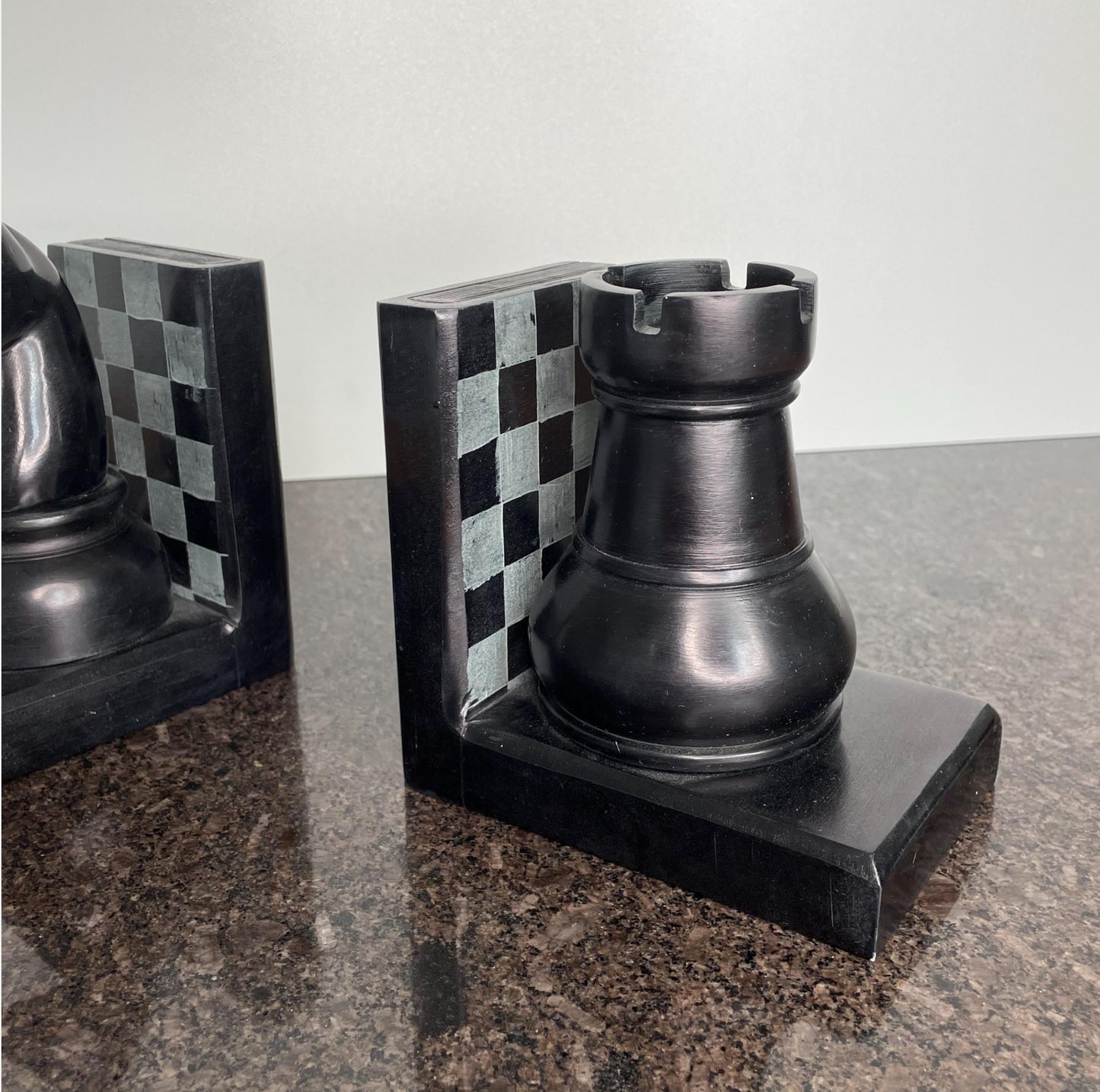 Artisan Palewa Stone Chess Bookends with Carved Chess Pieces , Knight & Rook.
