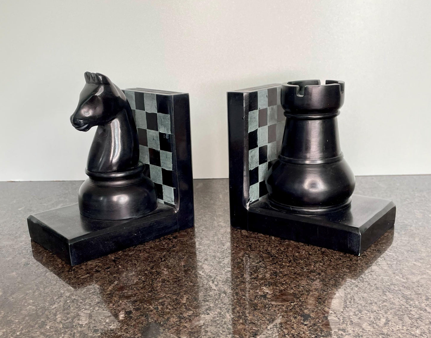 Artisan Palewa Stone Chess Bookends with Carved Chess Pieces , Knight & Rook.