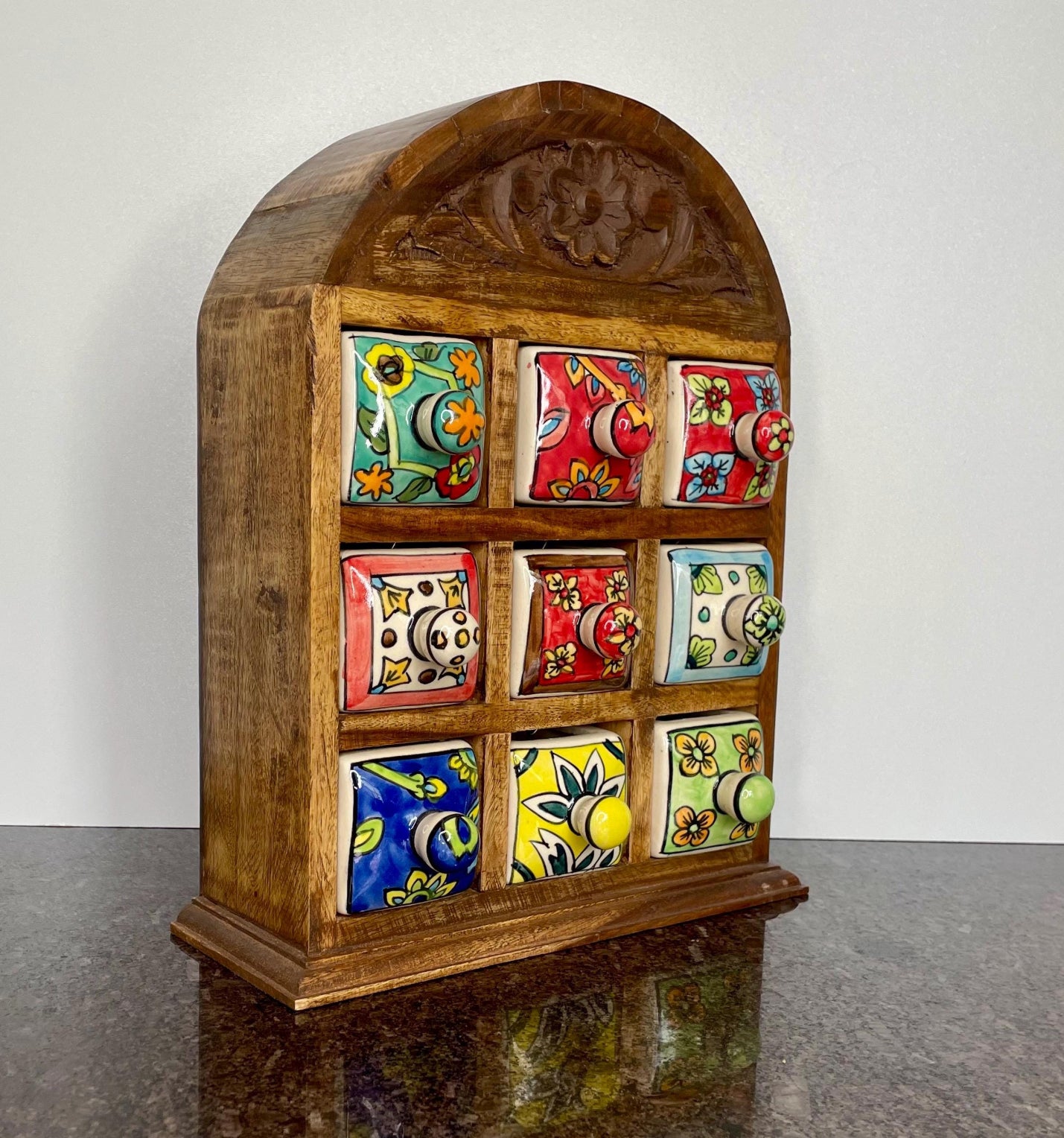Artisan Wooden mini chest with 9 ceramic drawers rounded top - Fair Trade