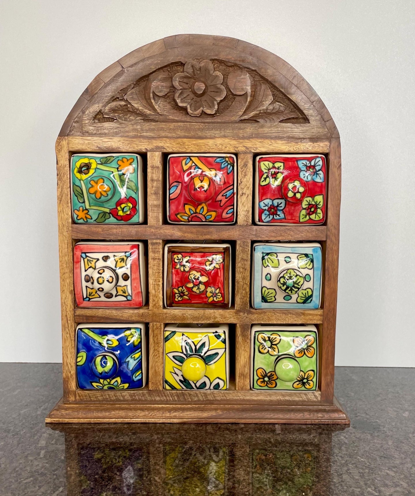 Artisan Wooden mini chest with 9 ceramic drawers rounded top - Fair Trade