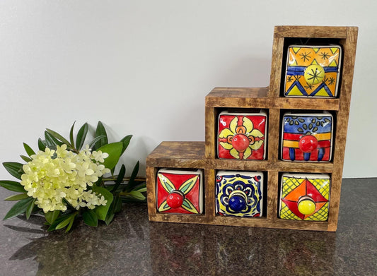 Artisan Colourful Wooden Mini Chest with 6 ceramic drawers - Fair Trade