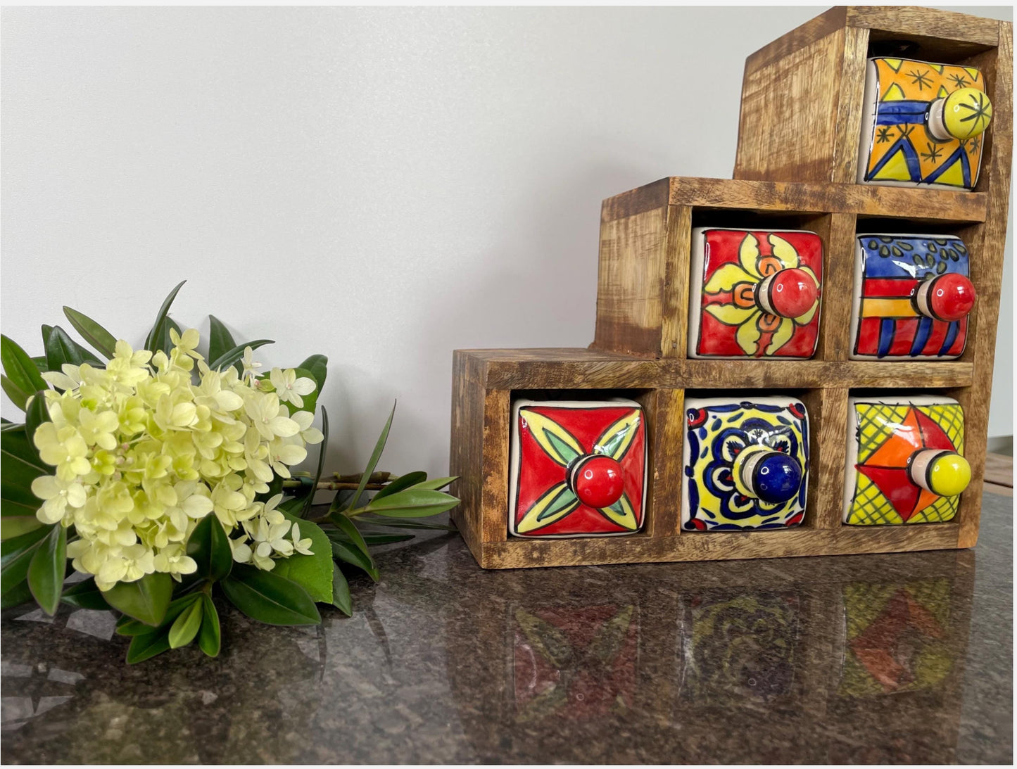 Artisan Colourful Wooden Mini Chest with 6 ceramic drawers - Fair Trade