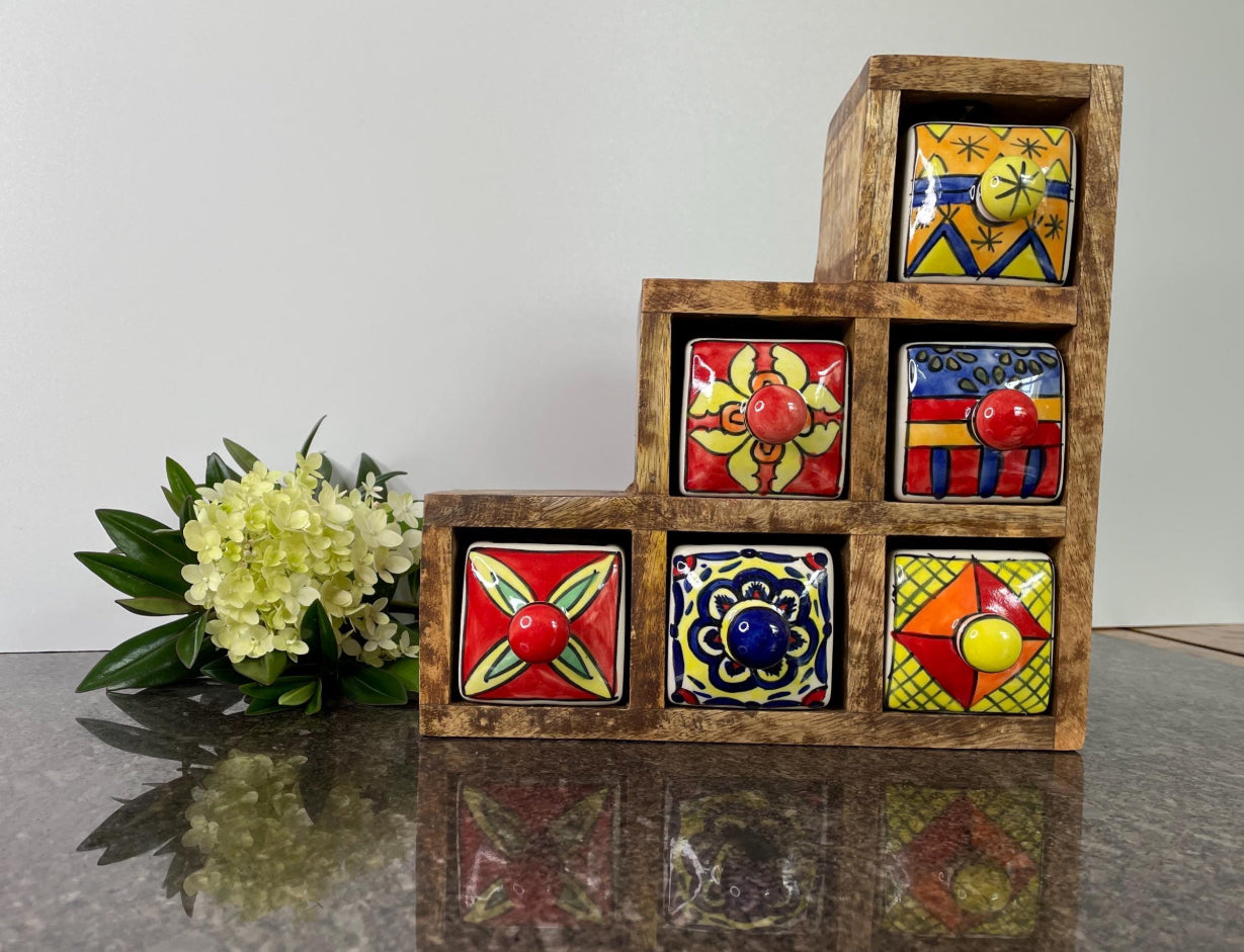 Artisan Colourful Wooden Mini Chest with 6 ceramic drawers - Fair Trade