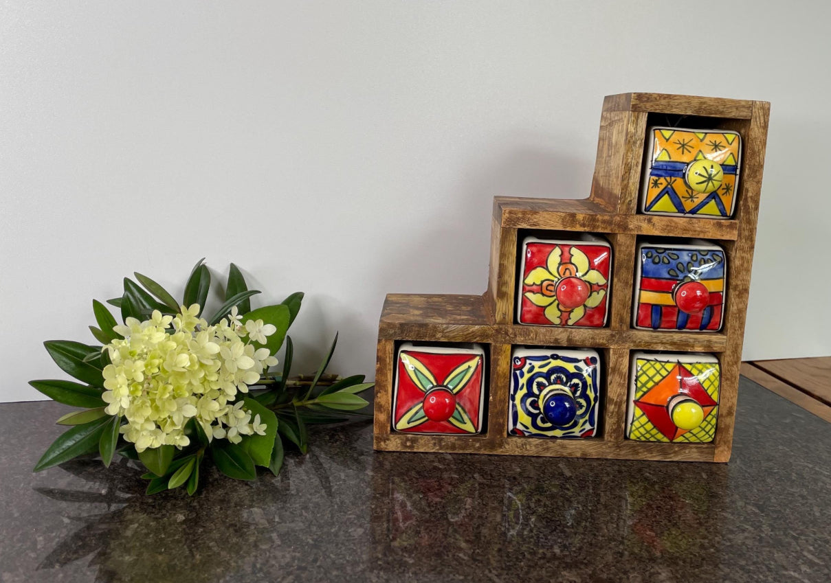 Artisan Colourful Wooden Mini Chest with 6 ceramic drawers - Fair Trade