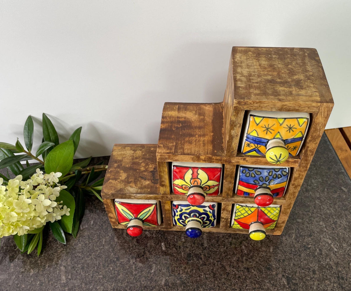 Artisan Colourful Wooden Mini Chest with 6 ceramic drawers - Fair Trade