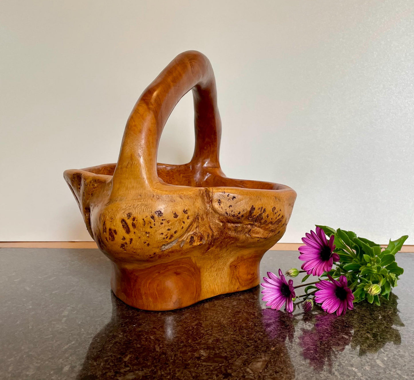 Artisan Solid Wood Decorative Bowl / Basket with handle