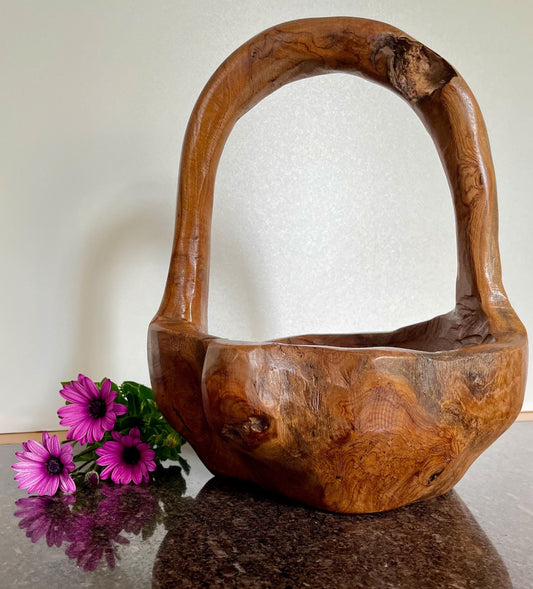 Artisan Solid Wood Decorative Bowl / Basket with handle