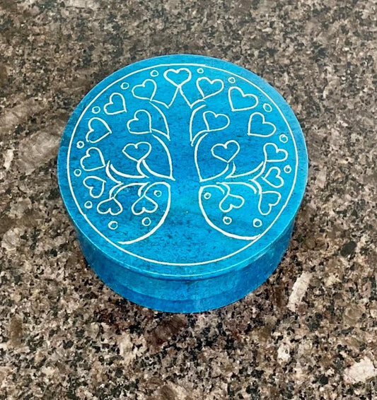 Palewa stone trinket / jewellery box, featuring tree and hearts blue 6.5 × 3.5cm