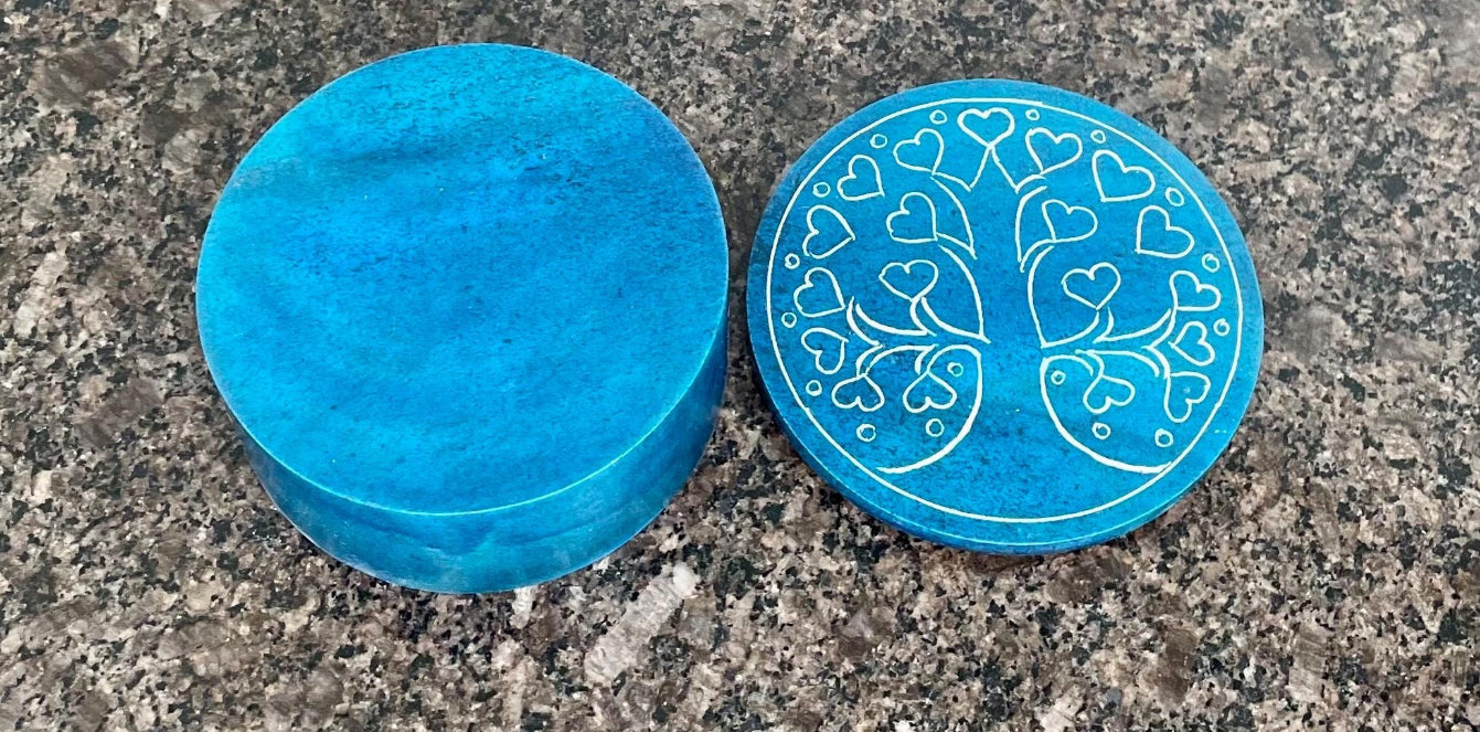 Palewa stone trinket / jewellery box, featuring tree and hearts blue 6.5 × 3.5cm