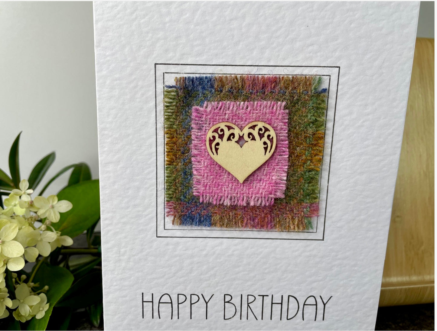 Hand crafted Harris Tweed Pink Heart Happy Birthday Greetings Card