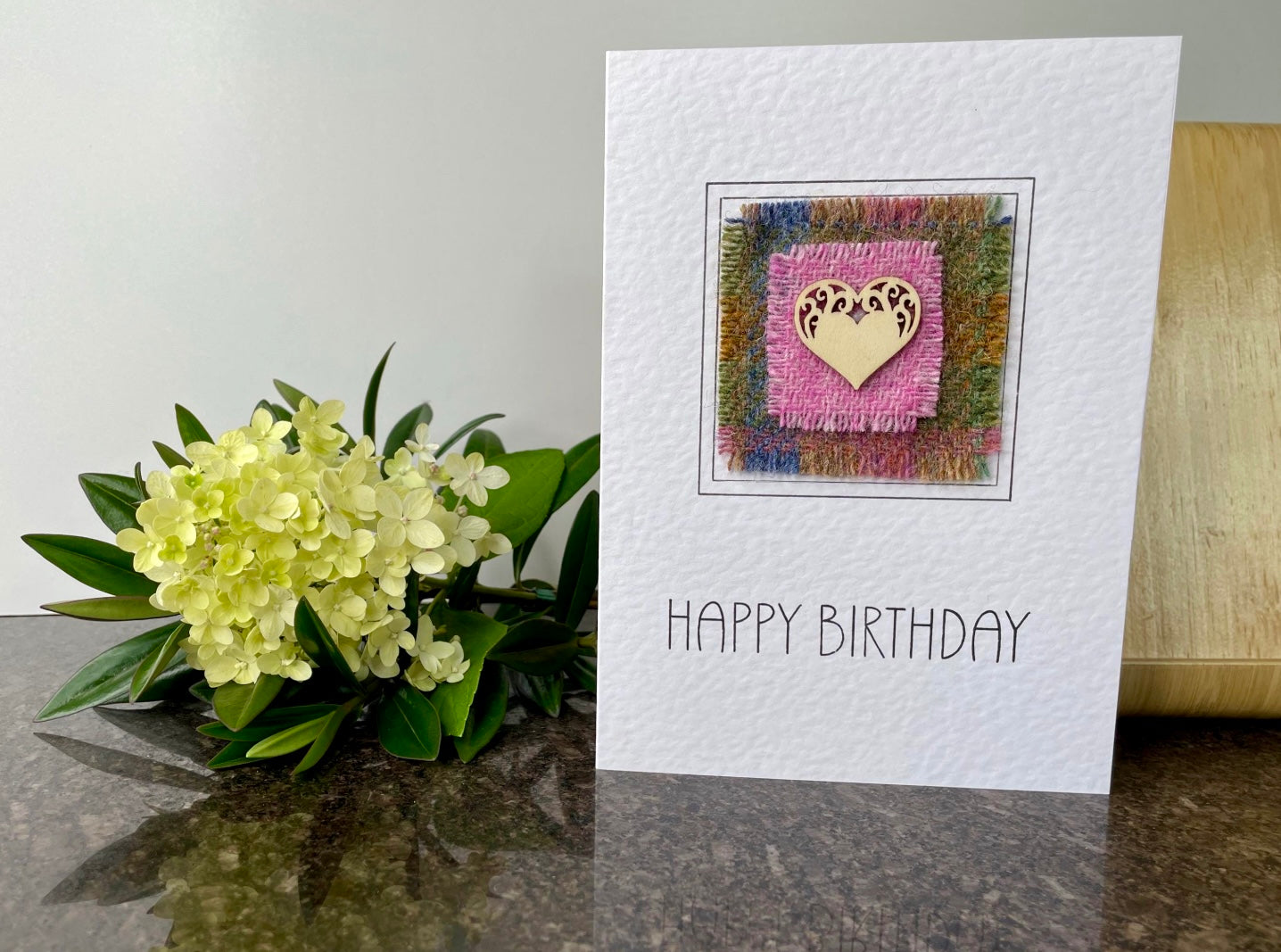 Hand crafted Harris Tweed Pink Heart Happy Birthday Greetings Card