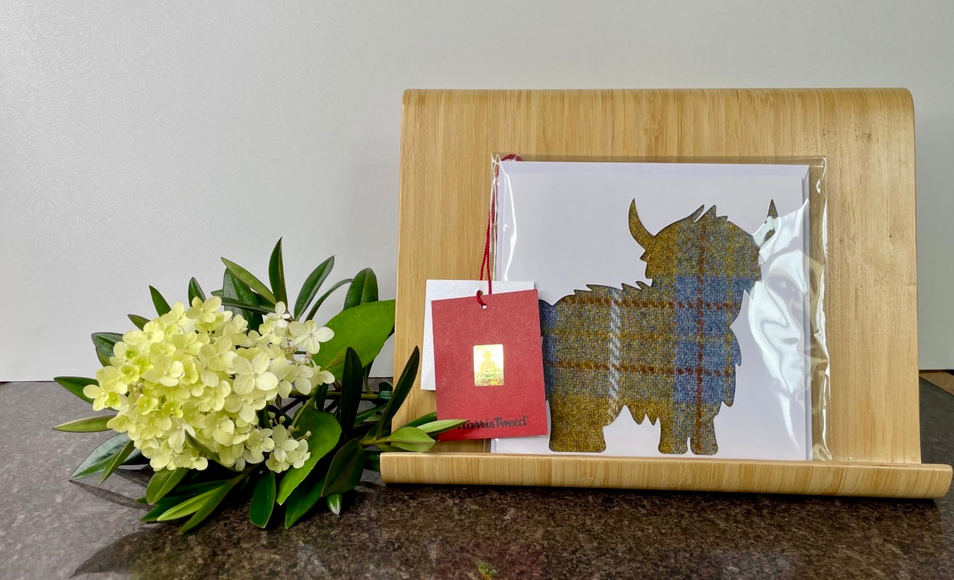 Hand made Harris Tweed Highland Cow Greetings Card