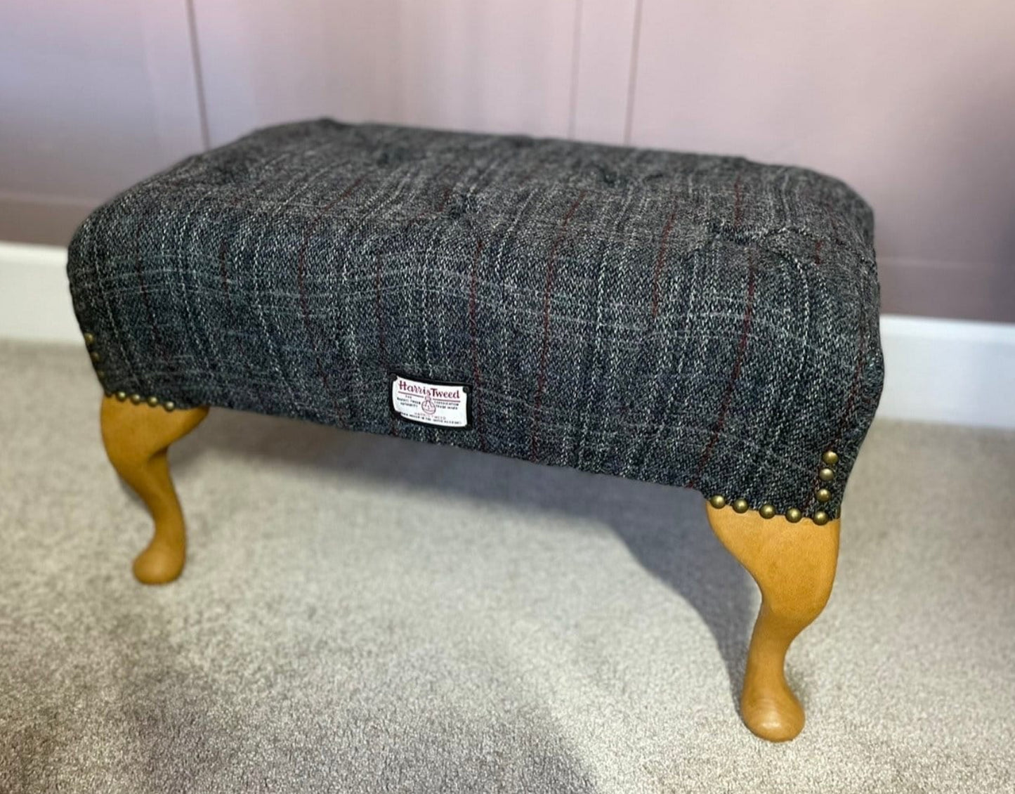 Harris Tweed Deep Buttoned Footstool, Pouffe, Unique Handmade, Traditionally made, Queen Anne Legs
