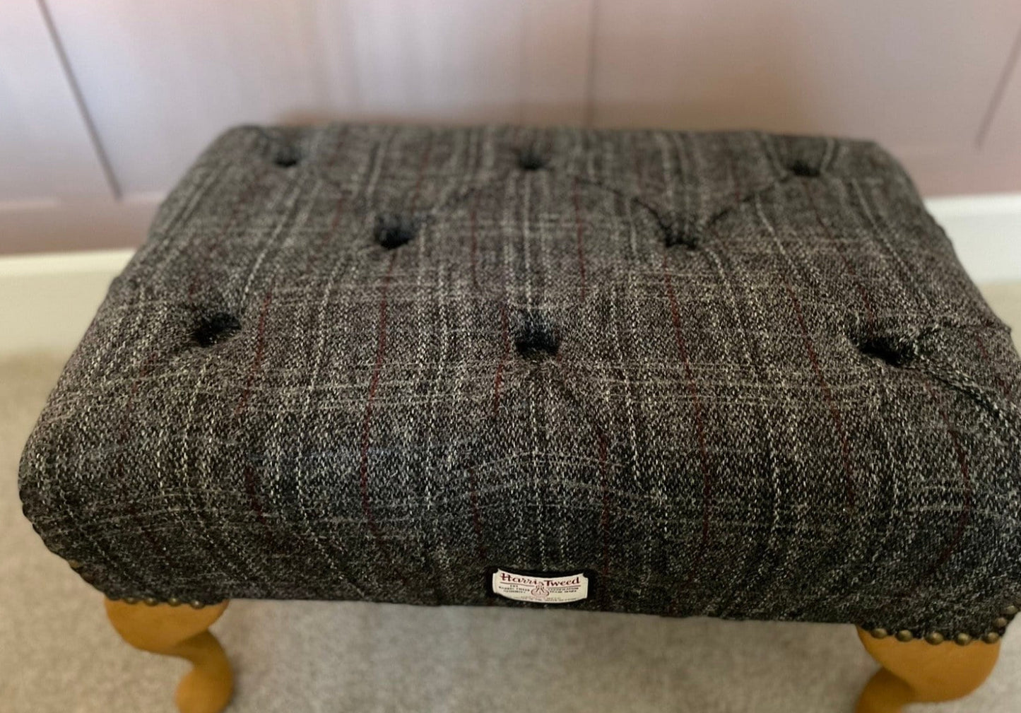 Harris Tweed Deep Buttoned Footstool, Pouffe, Unique Handmade, Traditionally made, Queen Anne Legs